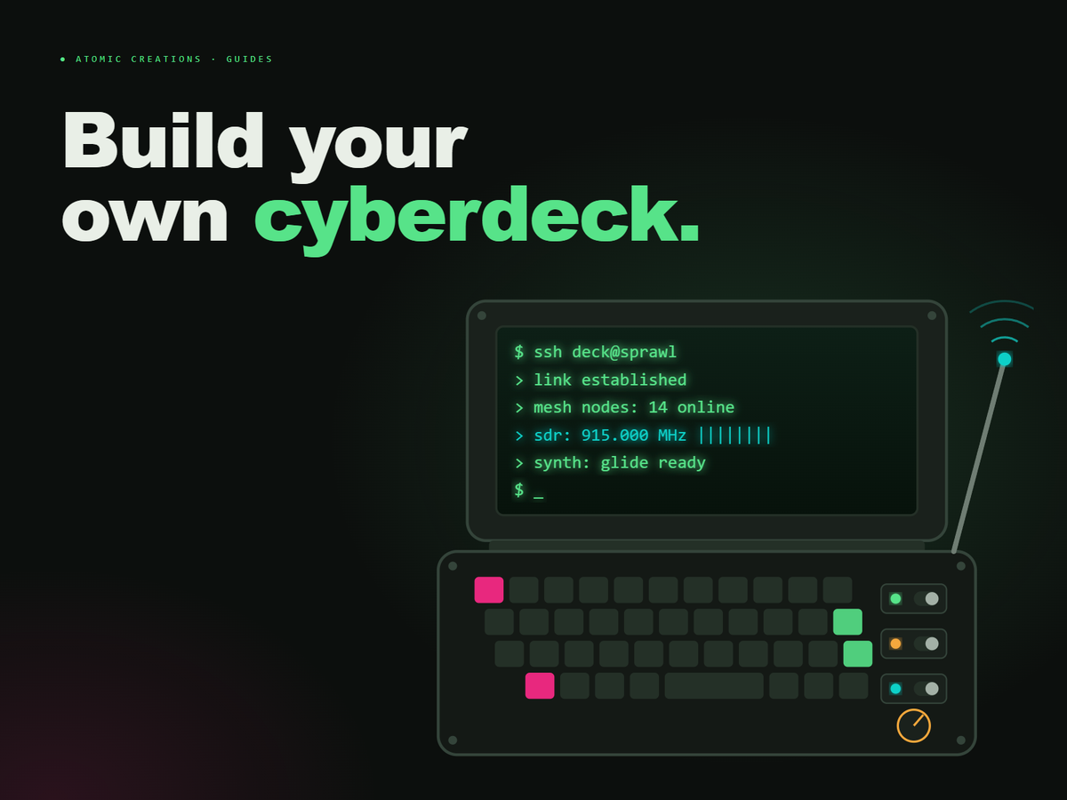 Illustration of a cyberdeck with a terminal screen, keyboard, toggle switches and antenna
