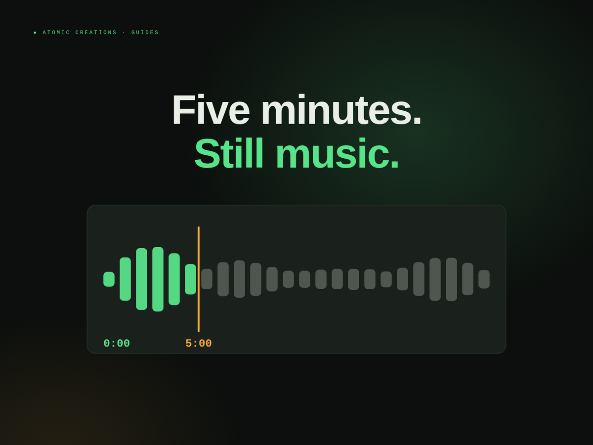 Headline Five minutes. Still music. above a row of glowing sound bars on a dark panel, the first few lit in green.