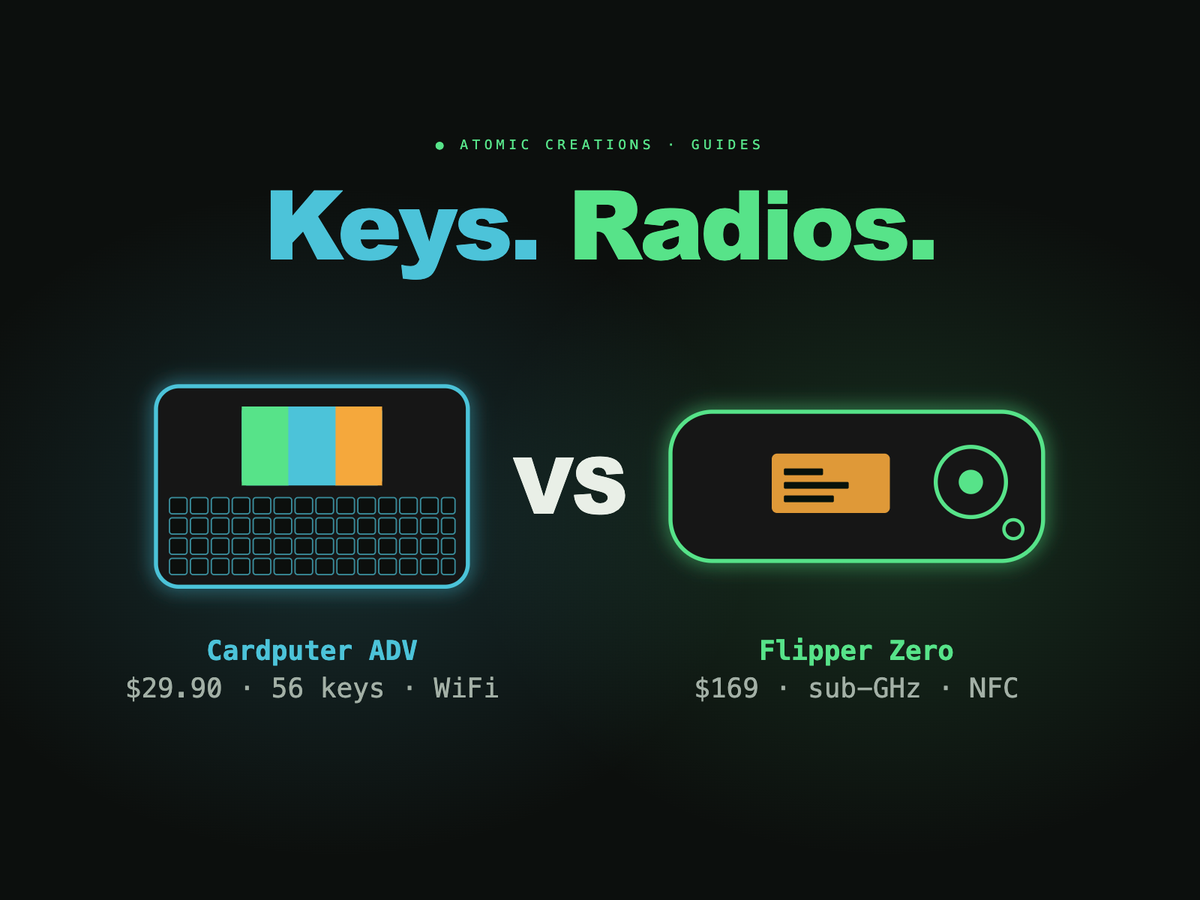 Keys. Radios. A Cardputer ADV outline with a color screen and 56-key keyboard faces off against a Flipper Zero outline with a monochrome screen and round control pad, $29.90 versus $169.