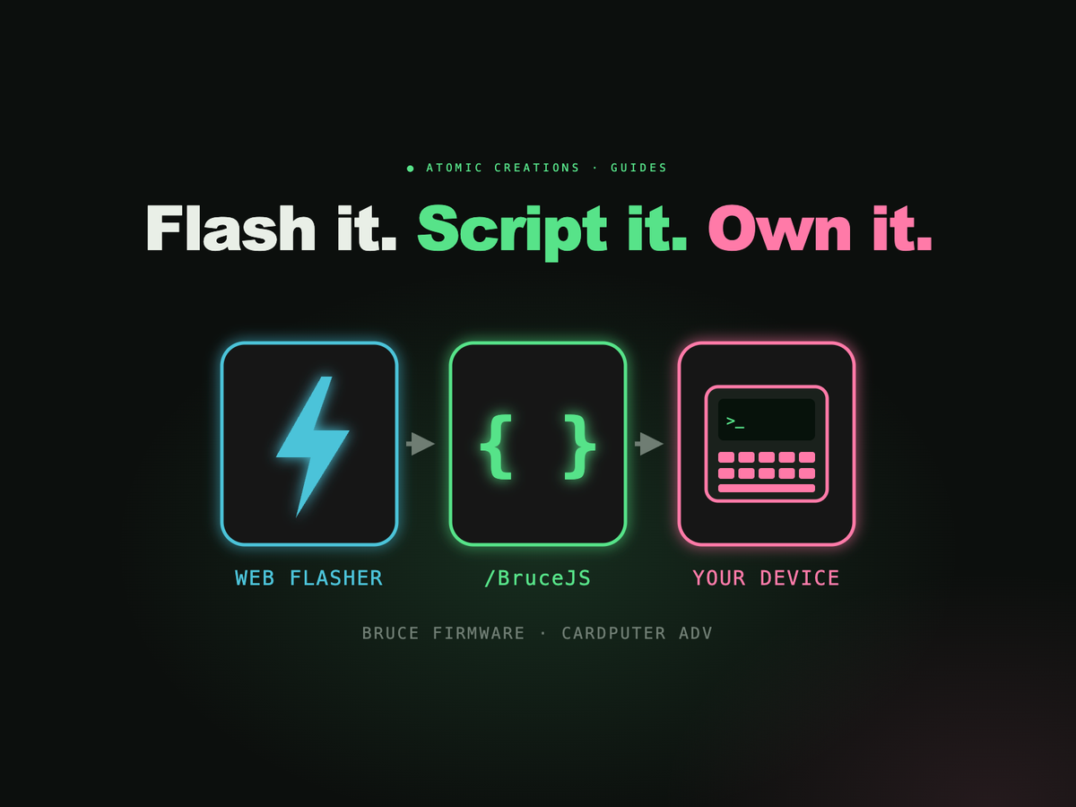 A flash, script and own install flow drawn as three glowing steps toward a pocket keyboard computer, under the headline Flash it. Script it. Own it.