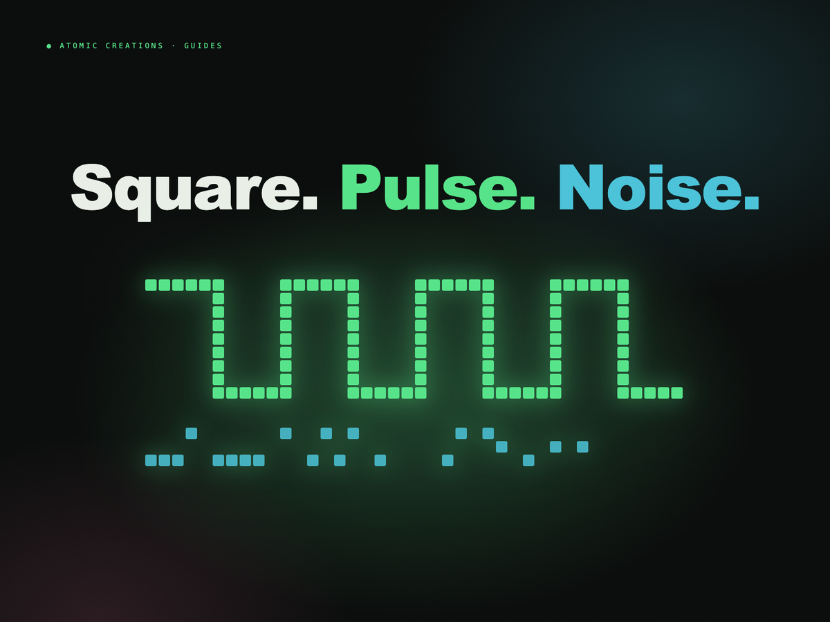 A glowing pixel-art square wave on a dark grainy background under the headline Square. Pulse. Noise.
