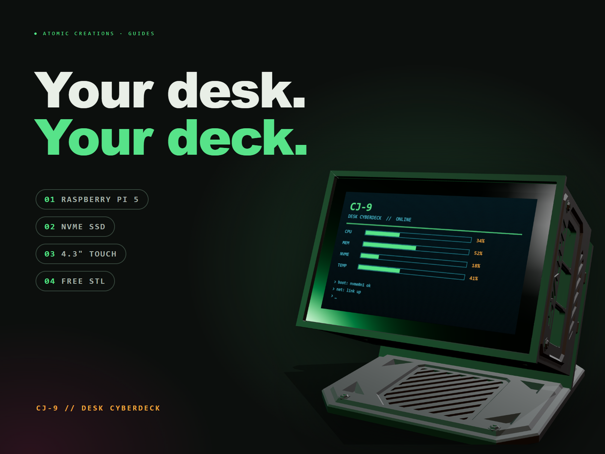CJ-9 desk cyberdeck render with the headline Your desk. Your deck.