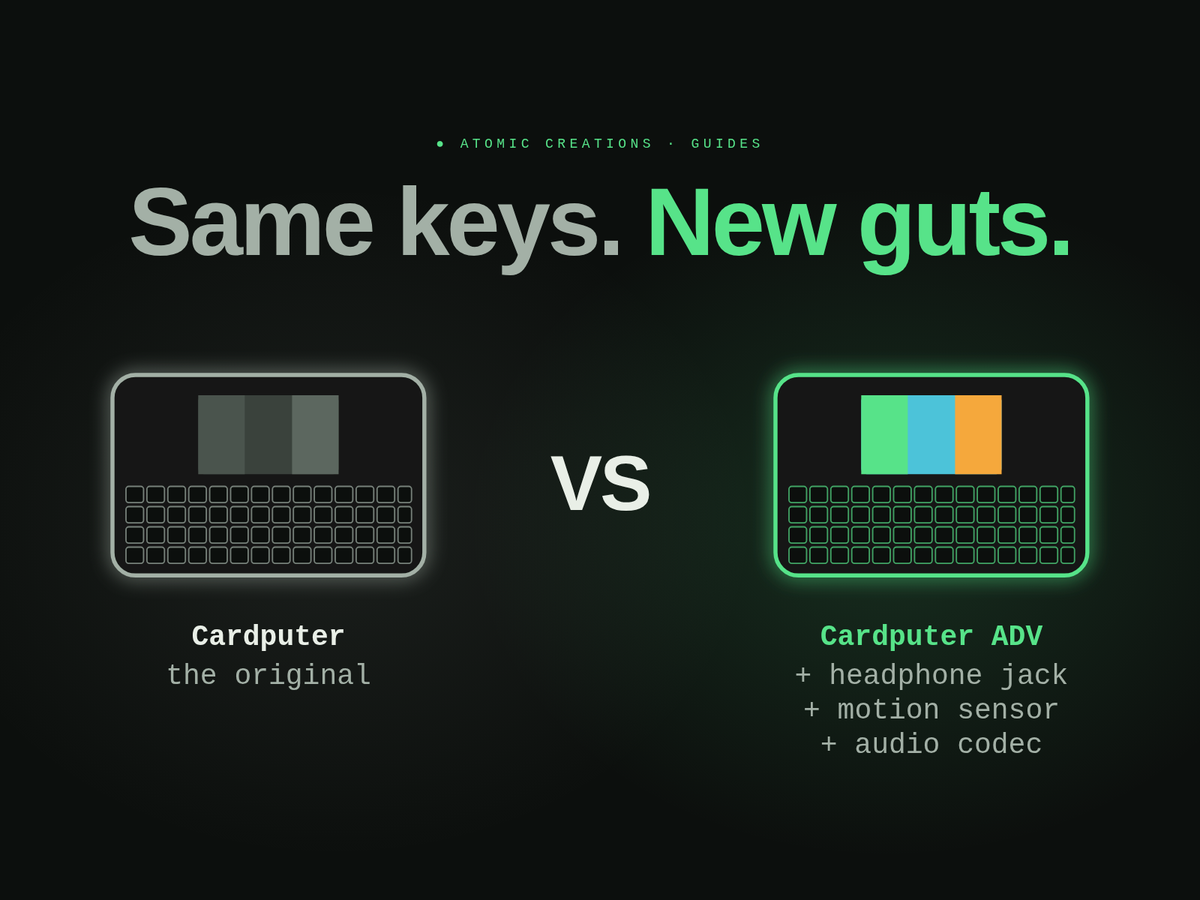 Same keys. New guts. An outline of the original Cardputer with a gray screen faces a glowing green Cardputer ADV outline, labeled plus headphone jack, plus motion sensor, plus audio codec.