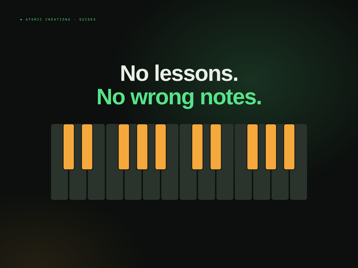 Headline No lessons. No wrong notes. above two octaves of piano keys with every black key lit orange, the black keys forming a pentatonic scale.