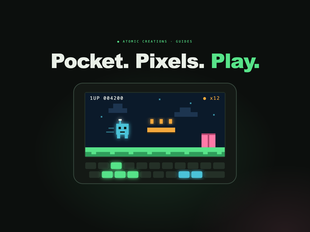 A glowing pixel-art pocket keyboard computer playing a retro platformer, under the headline Pocket. Pixels. Play.