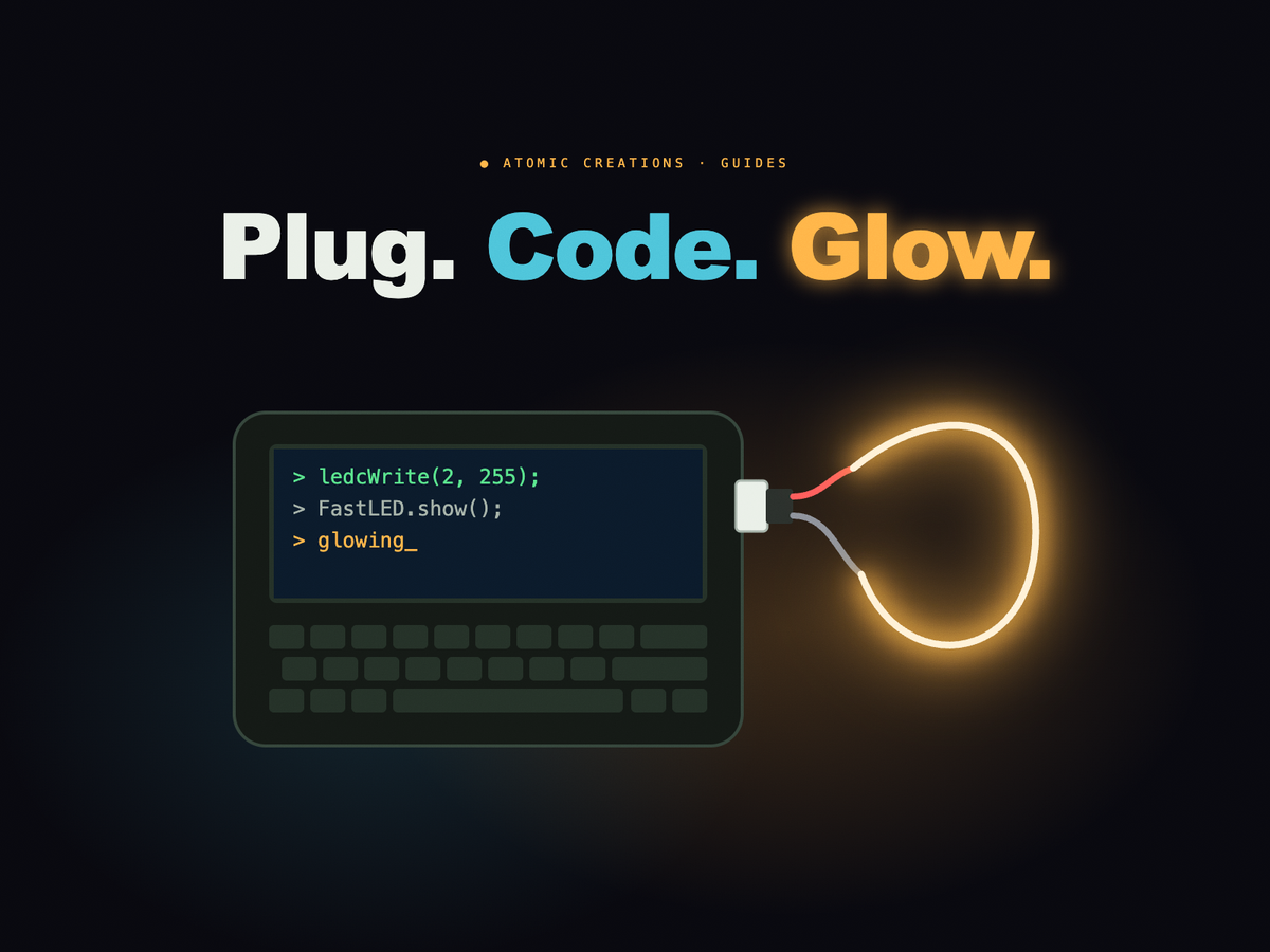 A pocket keyboard computer with a glowing LED filament looping out of its side port, under the headline Plug. Code. Glow.