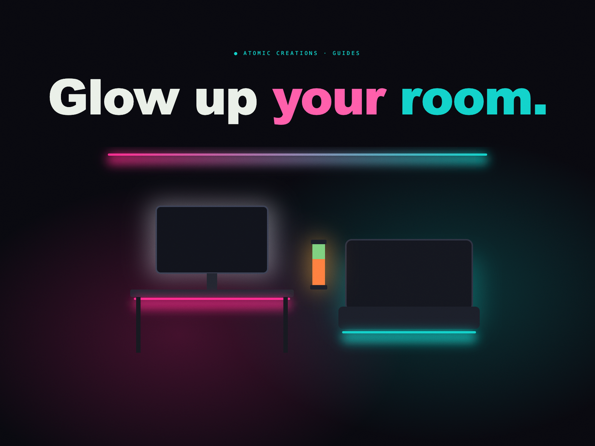 A dark room with glowing pink and cyan LED strip lines along the ceiling, desk and bed, under the headline Glow up your room.