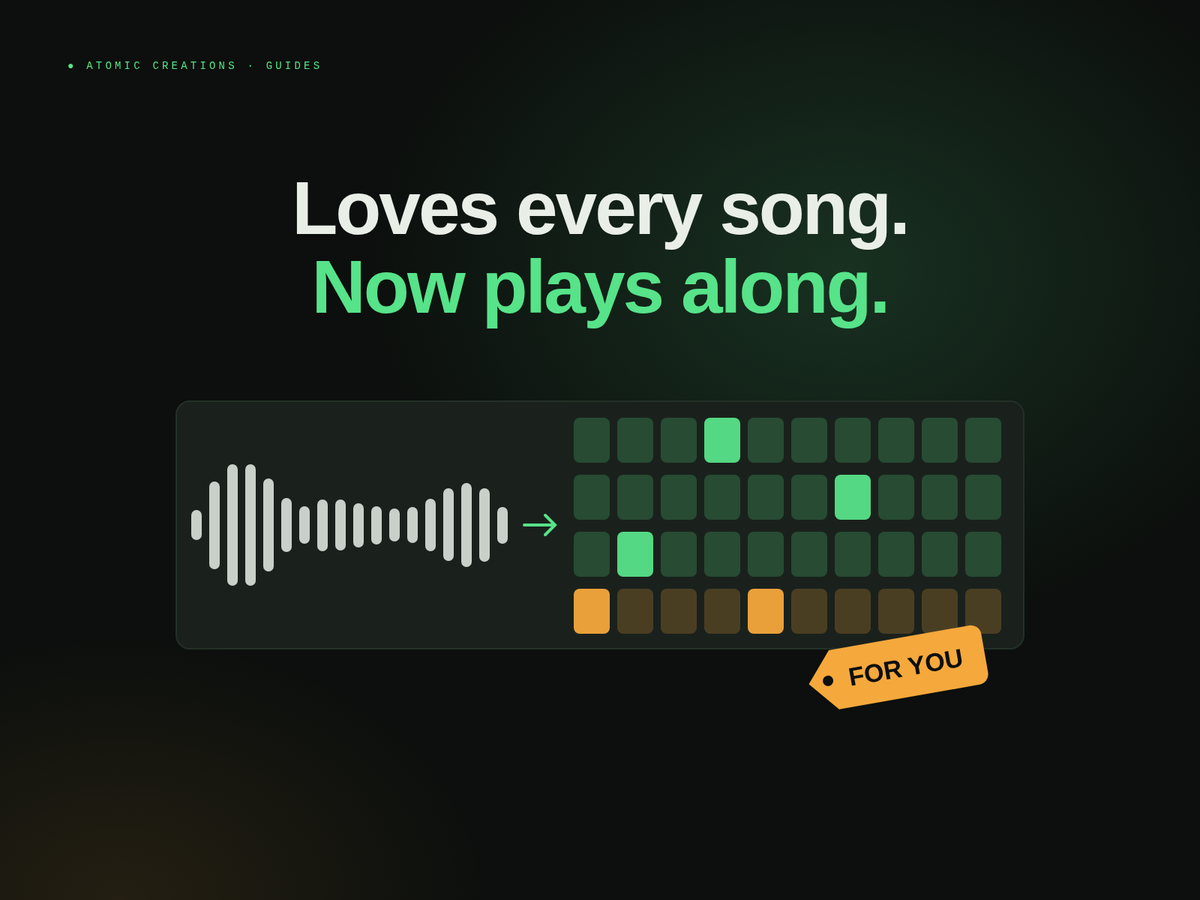 Headline Loves every song. Now plays along. above a glowing sound wave that turns into rows of pocket-synth keys, with an orange gift tag reading For you.