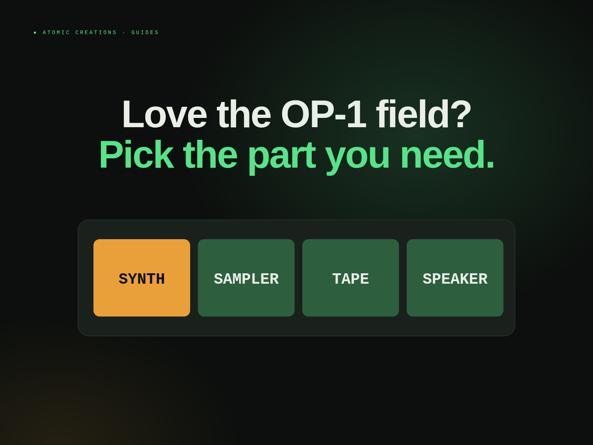 Headline Love the OP-1 field? Pick the part you need. above four blocks labeled synth, sampler, tape and speaker, with synth lit in orange.