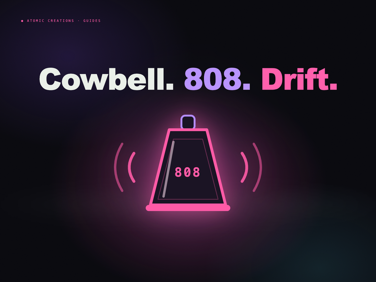 A glowing neon cowbell with sound waves on a dark, grainy background under the headline Cowbell. 808. Drift.