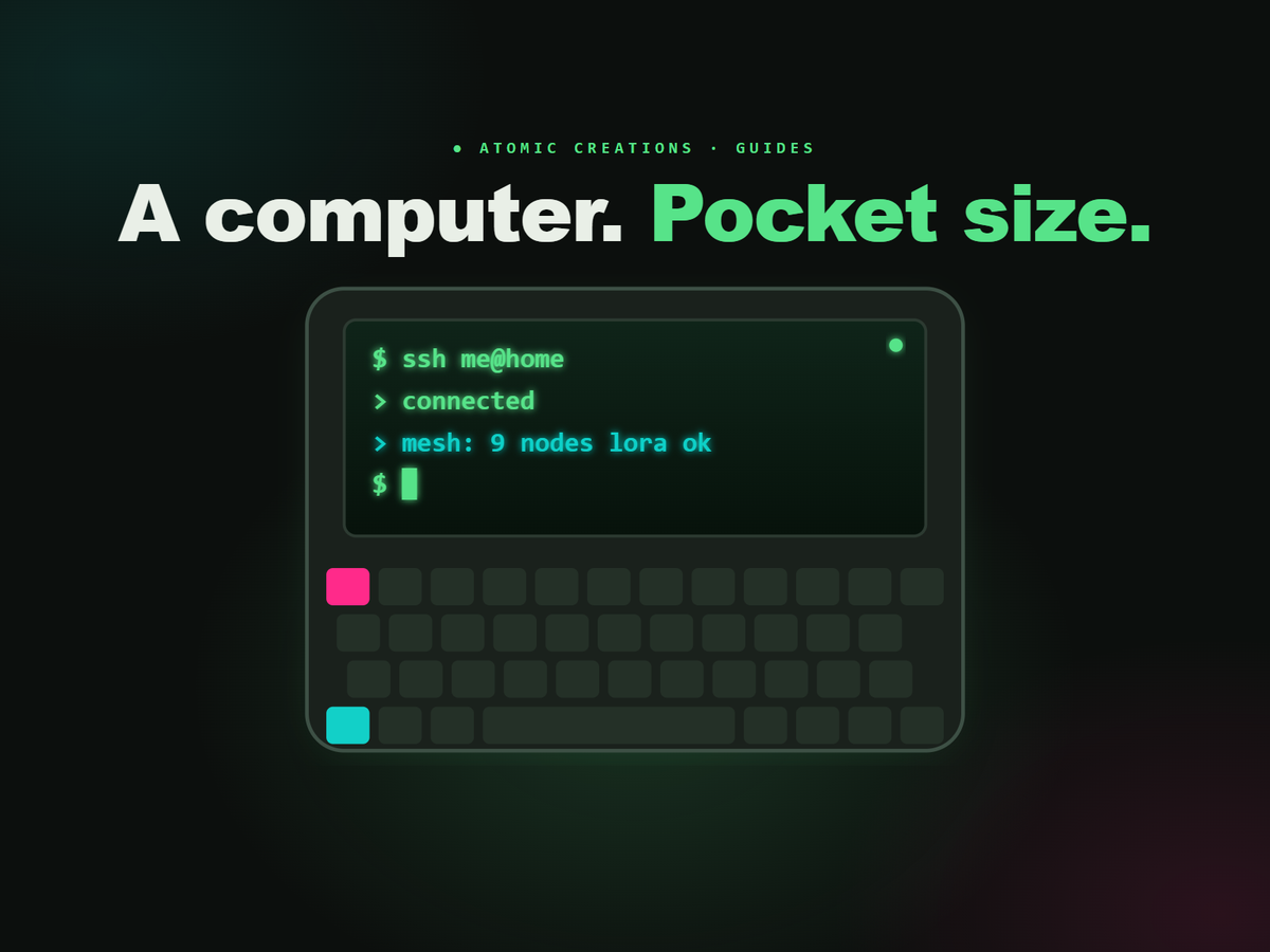 Illustration of a pocket computer with a glowing green terminal screen and a small keyboard, under the headline A computer. Pocket size.