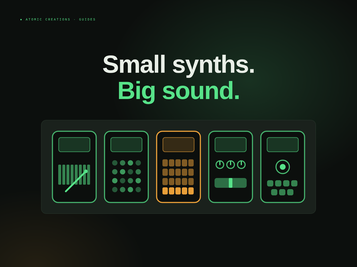 Headline Small synths. Big sound. above five glowing pocket synth outlines in a row, each with a different control layout, the middle one lit in orange.