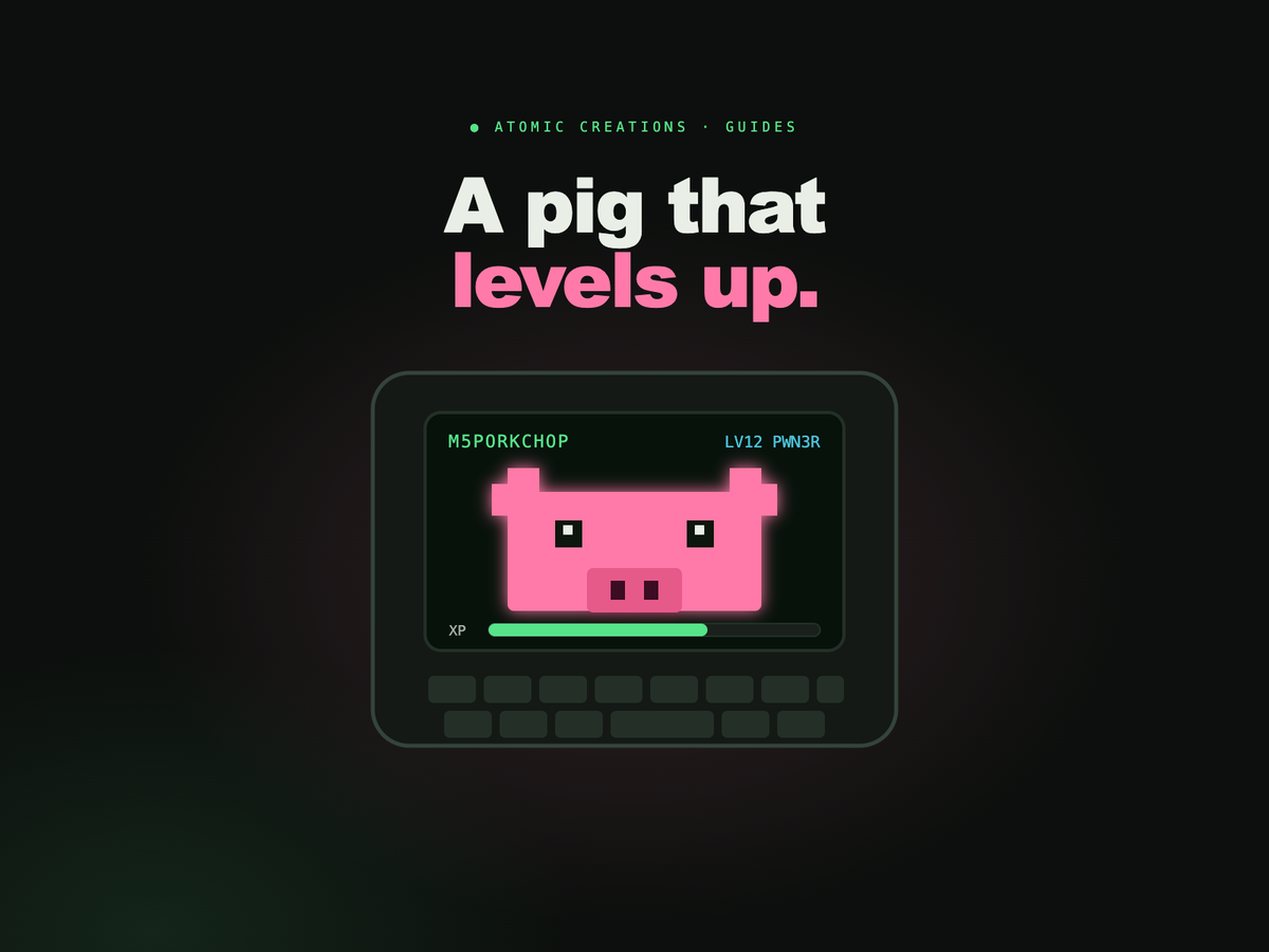 A pixel-art pig on a tiny Cardputer screen with an XP bar, under the two-tone headline A pig that levels up.