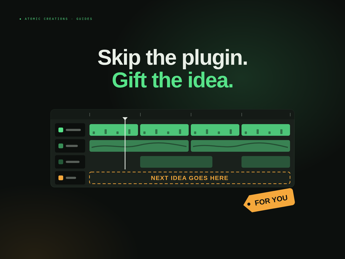 Headline Skip the plugin. Gift the idea. above a music software arrangement window with green clips and an empty orange lane reading Next idea goes here, with an orange gift tag reading For you.