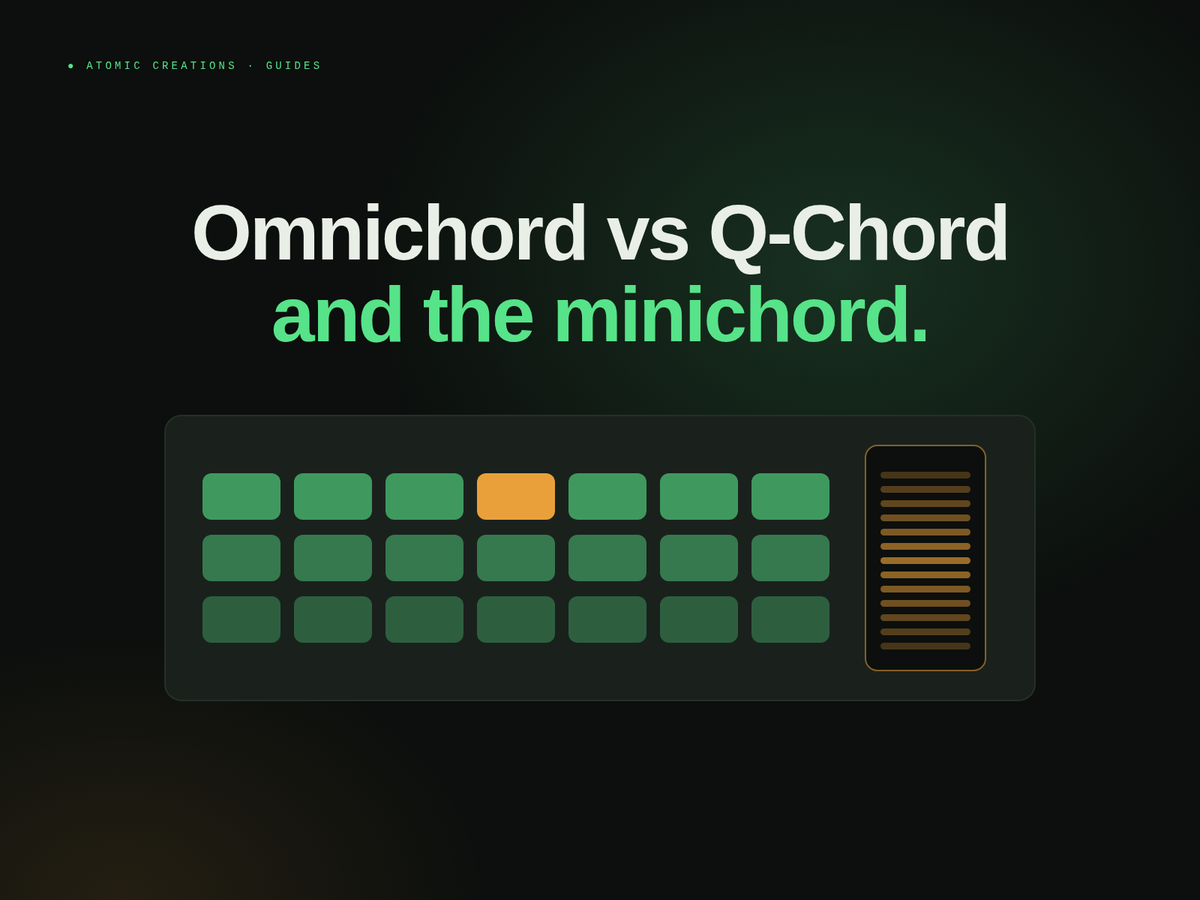 Headline Omnichord vs Q-Chord, and the minichord, above a grid of glowing chord buttons beside an orange strum strip.