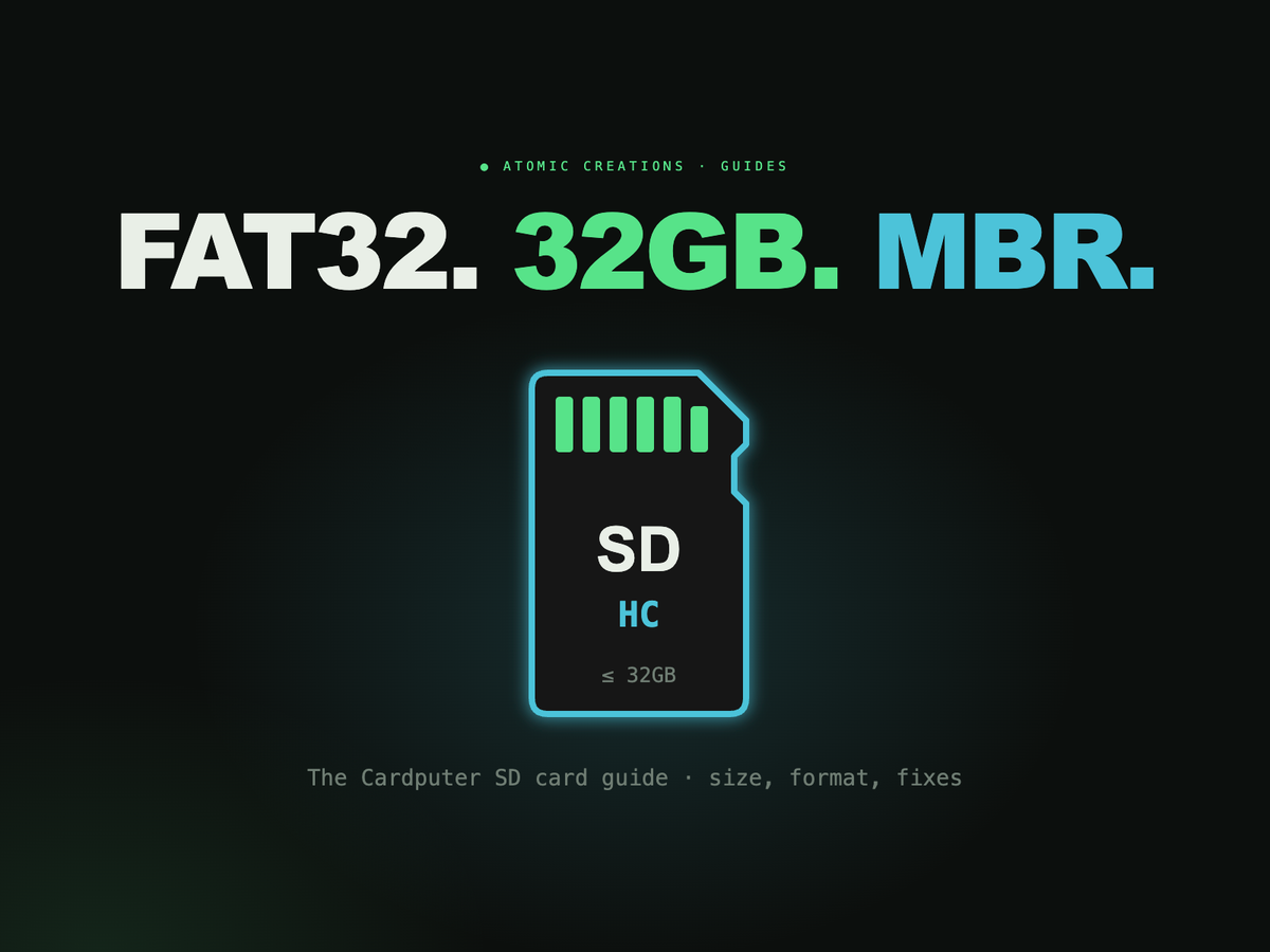 A glowing microSD card outline with the headline FAT32. 32GB. MBR. on a dark background.