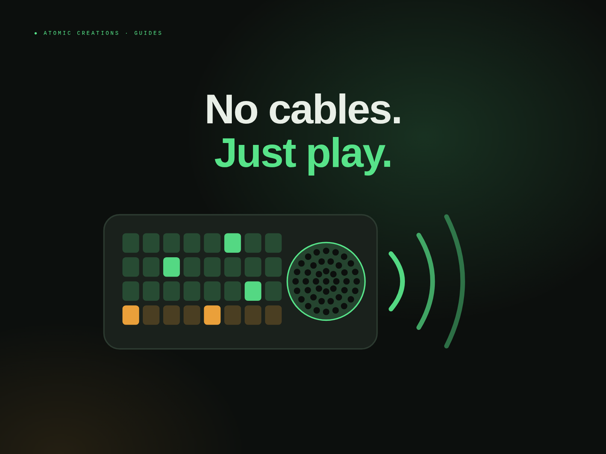 Headline No cables. Just play. above a small glowing synth with a speaker grille sending sound waves out into the dark.