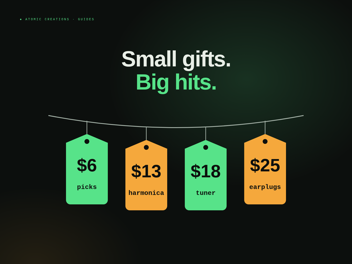 Headline Small gifts. Big hits. above four price tags on a string: $6 picks, $13 harmonica, $18 tuner and $25 earplugs.