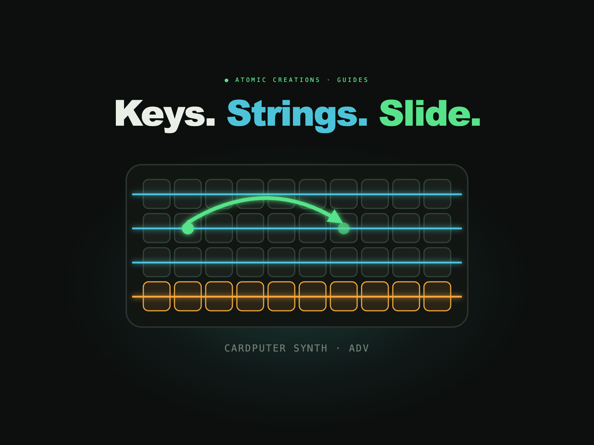 A glowing pocket keyboard whose four key rows are drawn as strings, with a green slide line arcing between two keys, under the headline Keys. Strings. Slide.