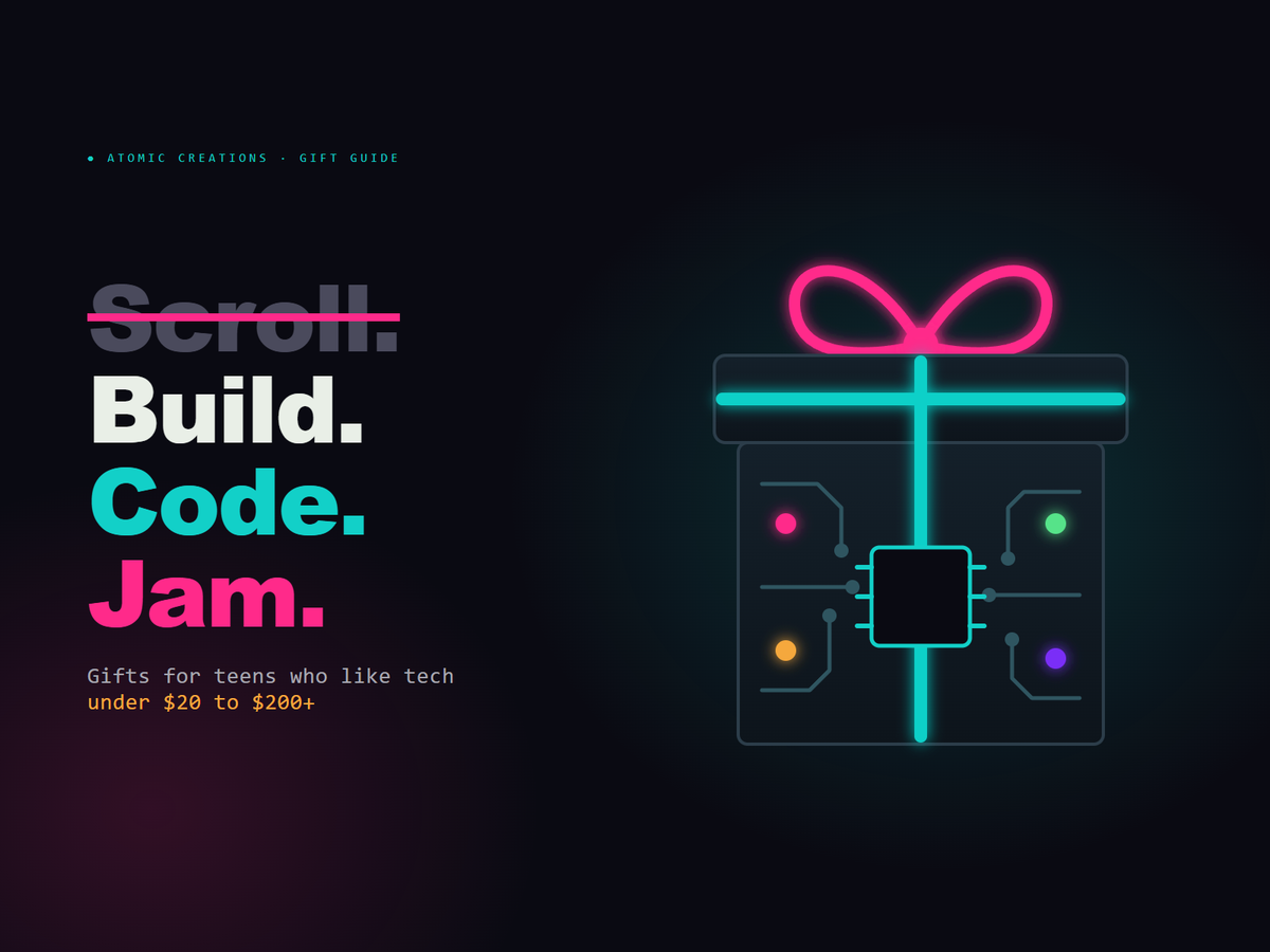 Headline reading Scroll (crossed out), Build, Code, Jam, next to a gift box drawn as a glowing circuit board with a neon bow.