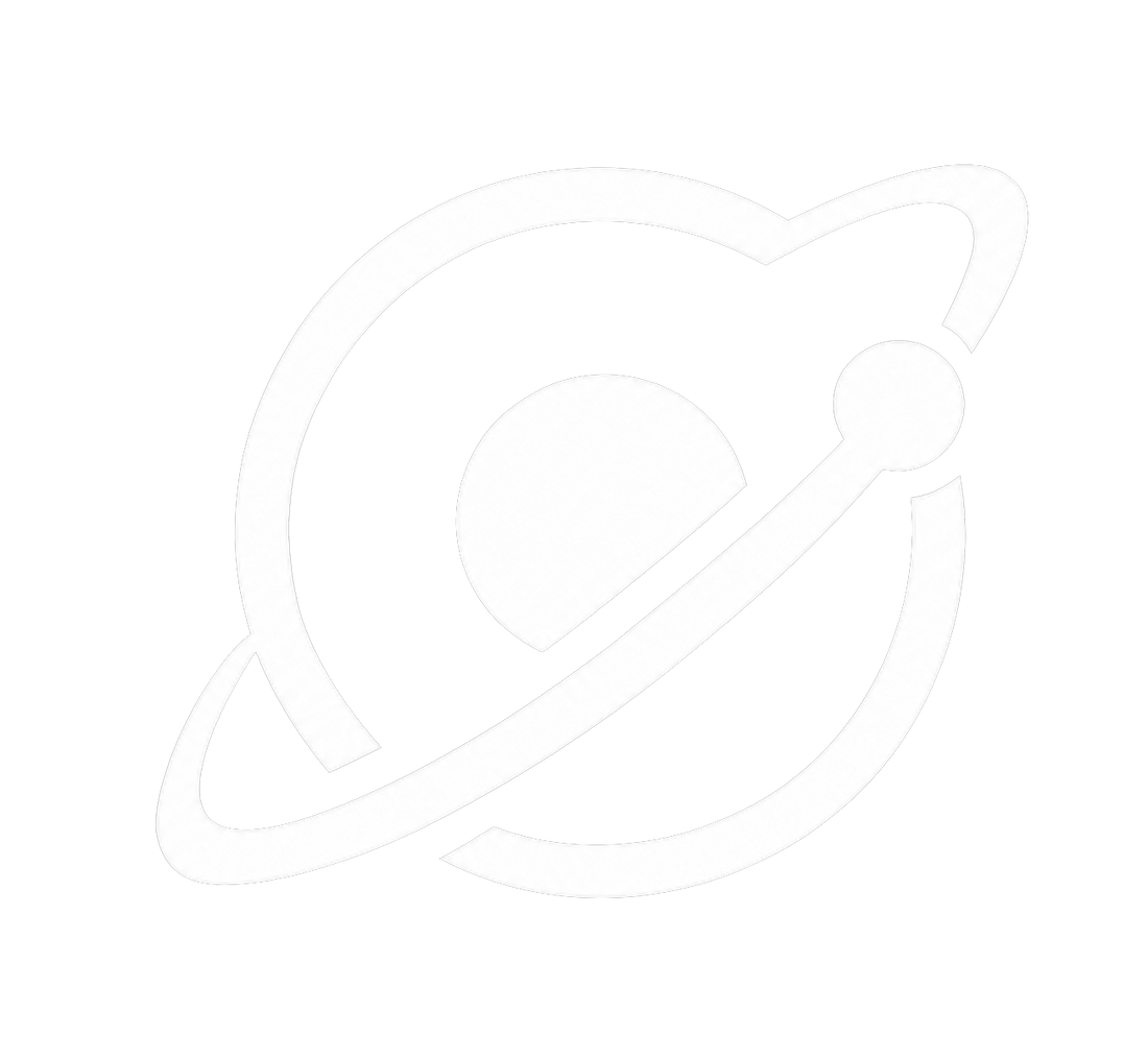 A minimalist white line art icon depicting a stylized planet or orbit, centered on a solid white background.