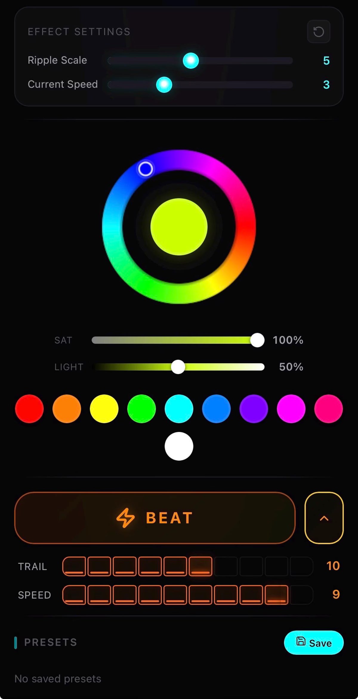 A digital audio or music effect settings interface on a black background, with sliders for Ripple Scale and Current Speed, a multicolor circular color wheel, saturation and light sliders, a row of color dots, and a large orange BEAT button.