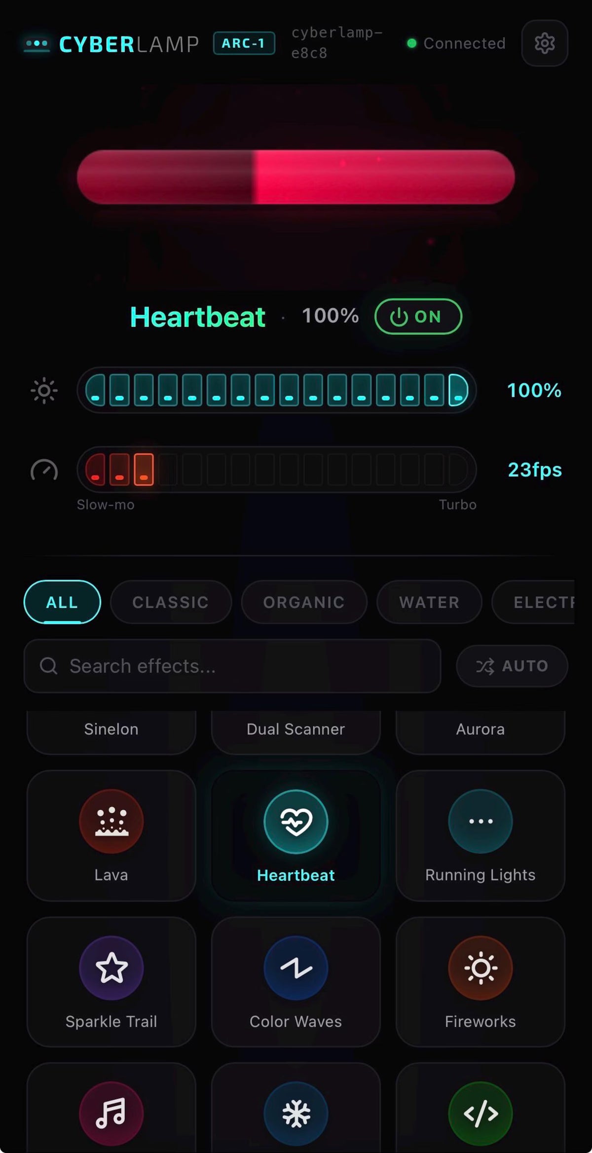 A digital software interface screenshot for a cyberpunk lighting effect app, showing a red-pink heartbeat slider, a 100% heartbeat indicator, performance stats, and a grid of effect tiles including Lava, Heartbeat, and Running Lights.