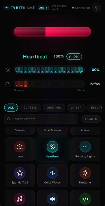 A digital software interface screenshot for a cyberpunk lighting effect app, showing a red-pink heartbeat slider, a 100% heartbeat indicator, performance stats, and a grid of effect tiles including Lava, Heartbeat, and Running Lights.